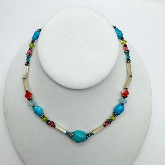 Turquoise Chunk Faceted Colorful Glass Sterling Silver Beaded Necklace Bohemian - Picture 5 of 11